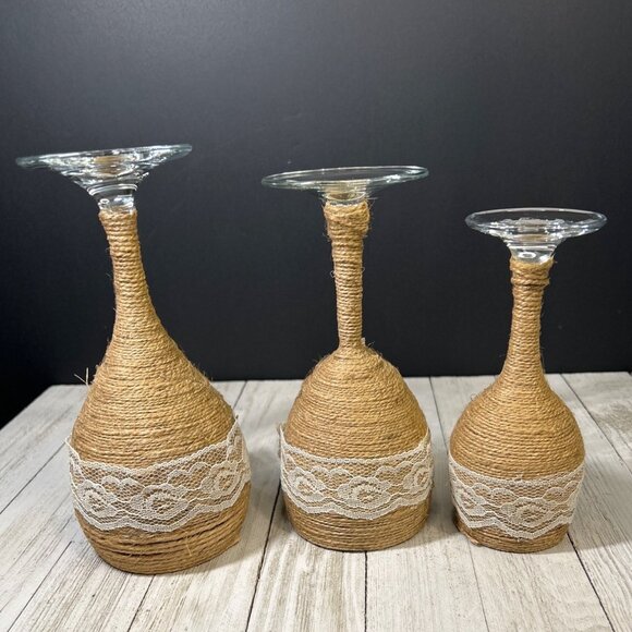 Vintage DIY Wine Glass Wrapped Twine Candle Holders Floral Pattern - Set Of 3 - Picture 2 of 8